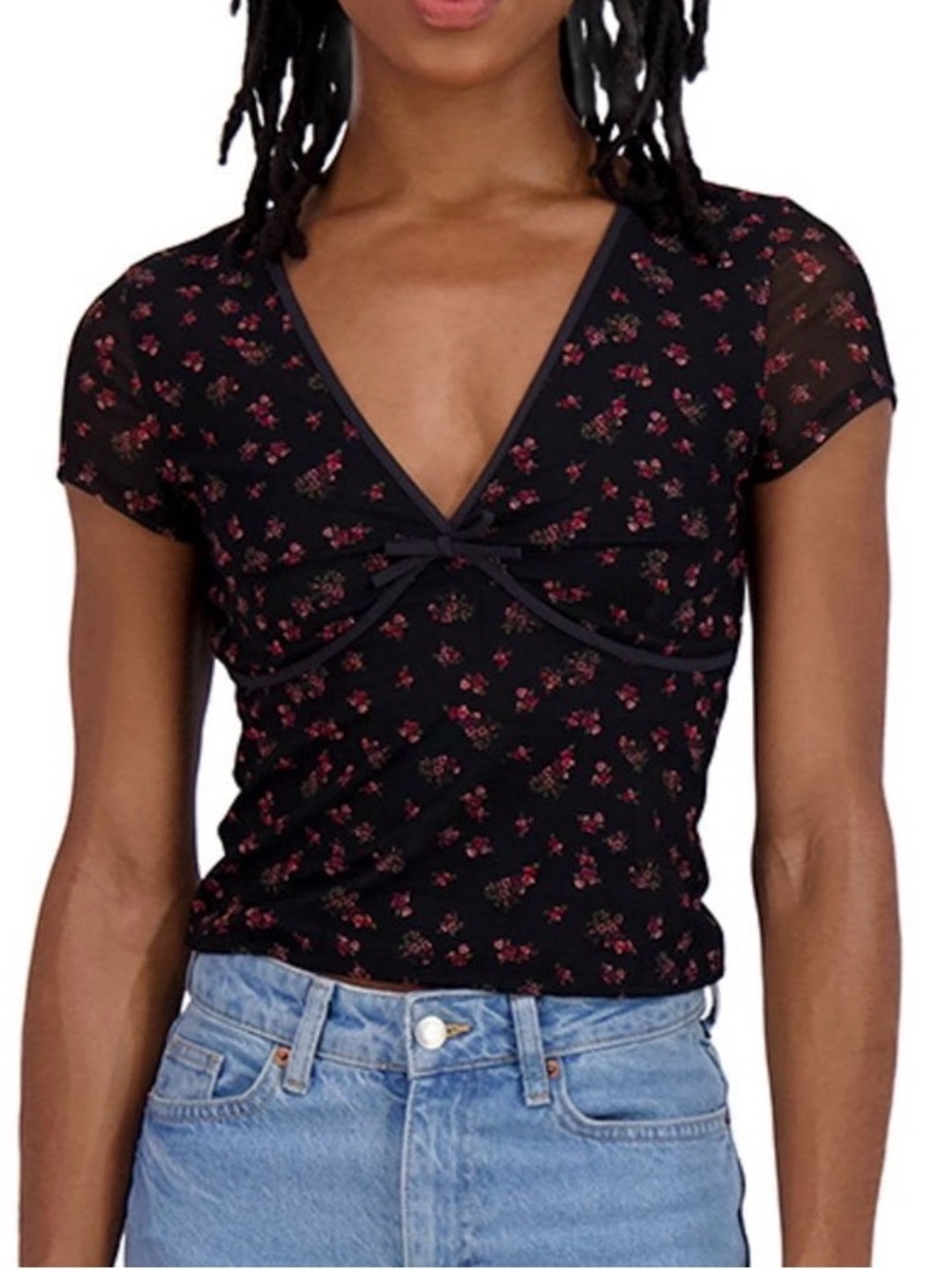 NWT Aeropostale Women's Mesh V-Neck Crop Top - Black Floral - Size XL